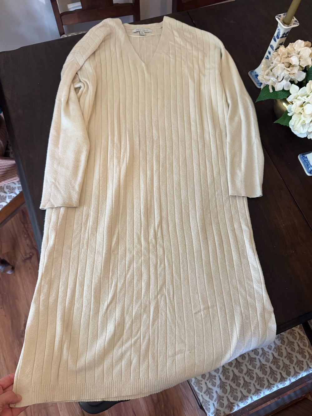 Ivory V-Neck Ribbed Sweater Dress